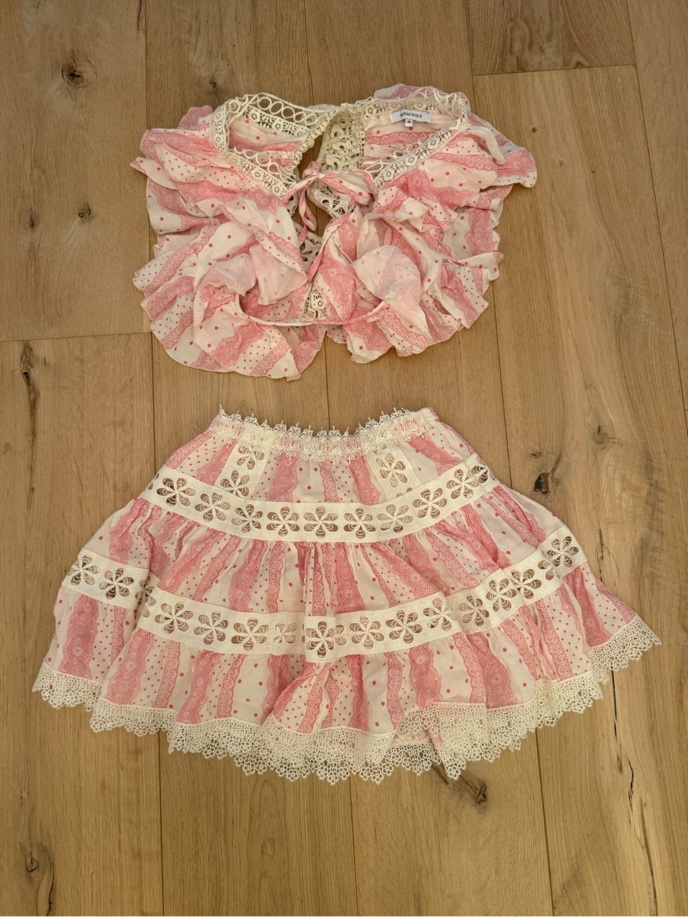 Pink and cream ruffle skirt set
